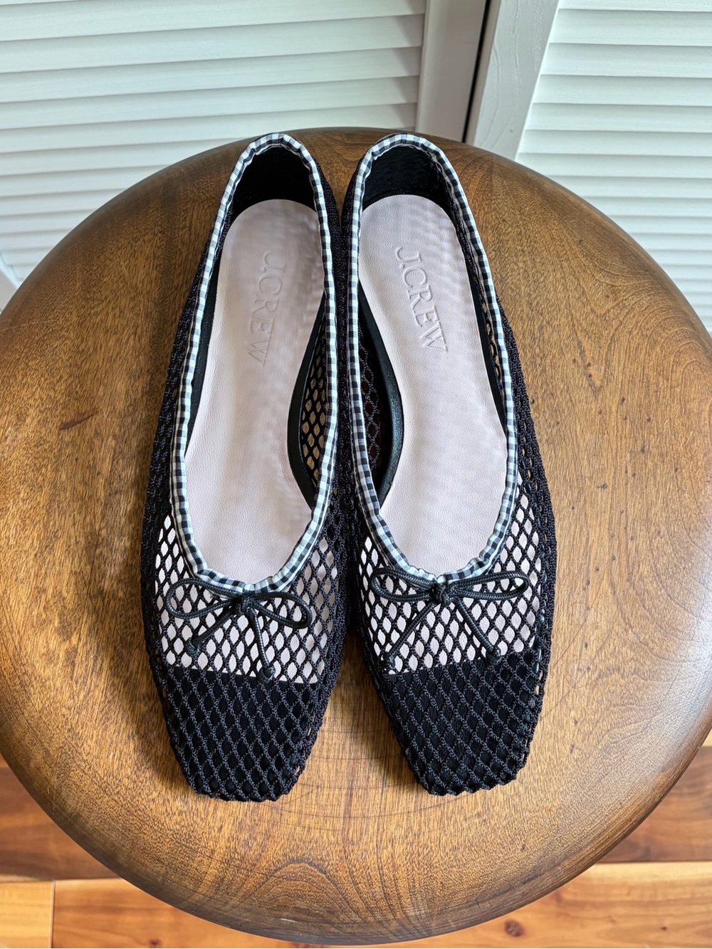 J. Crew Sofie Woven Black Mesh Ballet Flats with Gingham Trim 7.5